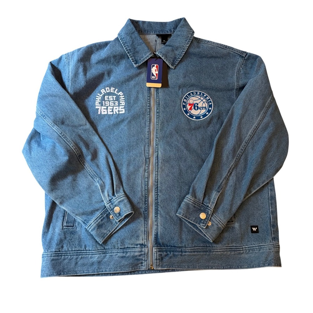 The Wild Collective Philadelphia 76ers Denim Jacket Men Blue NWT SIZE XL